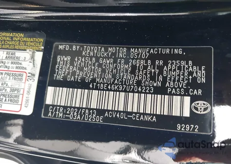 2007 Toyota Camry Ce z USA, uszkodzony, nr VIN 4T1BE46K97U704223